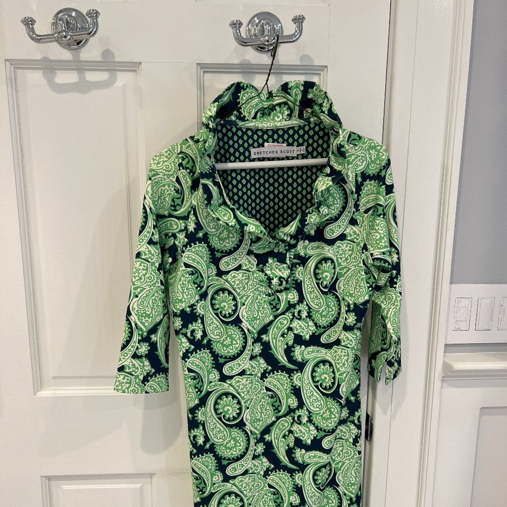 Gretchen Scott Ruffleneck Dress Size Small Green/Navy